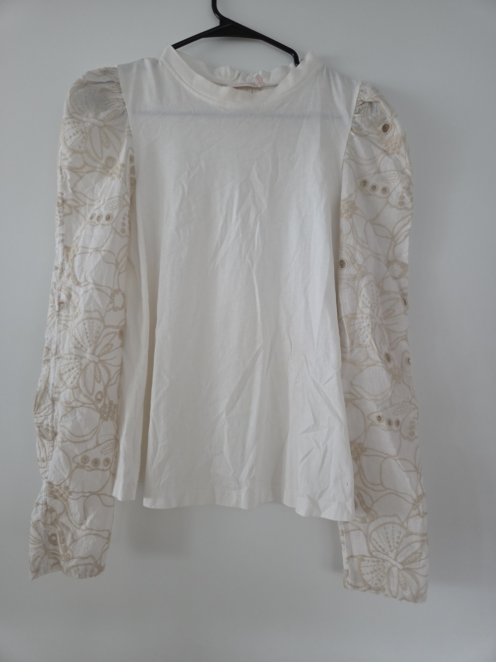 See By Chloé Cream Long-Sleeve Puff Top with Embroidered Sleeves